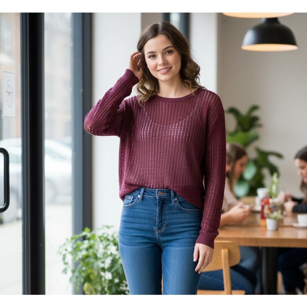 Title: Free People Sheer Open Knit Crochet Top Maroon Burgundy Medium